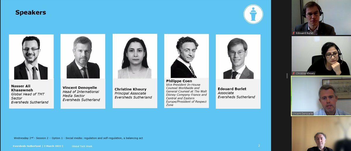 ESTMTlaw's tweet photo. A fascinating debate on social media - #regulation or self-regulation with @Nasserak, Christine El Khoury, Edouard Burlet, Vincent Denoyelle - @ESgloballaw and Philippe Coen #socialmedia #fakenews #AI #GlobalTechWeek #Digitalization https://t.co/69oQsvxWup