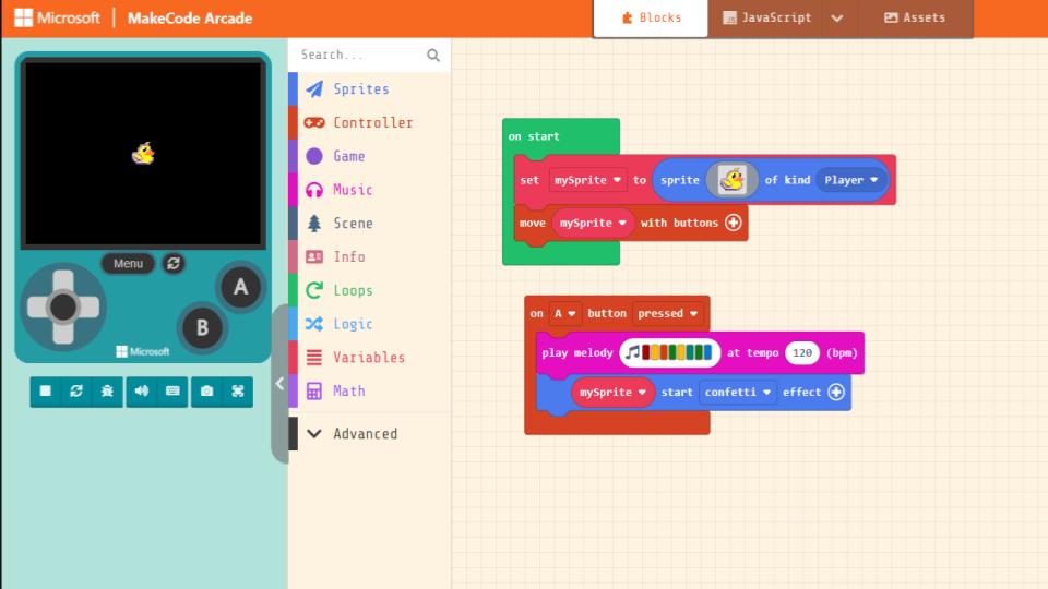 Exploring MakeCode Arcade today with my online Grade 3 class.  Can you use your knowledge from Scratch and Code.org to move a sprite across the screen?
