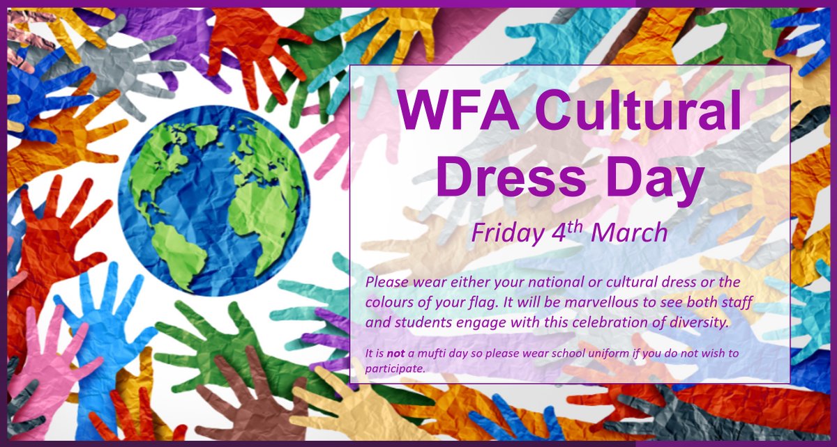 WestonFavellGAT's tweet photo. We are looking forward to our Cultural day tomorrow celebrating the different cultures we have in our school. Please wear either your national or cultural dress or the colours of your flag. National football or rugby shirts can be worn. 
#WeAreGAT #BeProud #Culture #Diversity https://t.co/ghTIrdadxF
