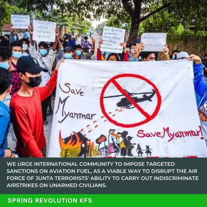 While the world focus Ukraine's crisis, we continue to suffer junta's crimes against humanity across Myanmar. Dozens of lives were killed on aerial bombing and 5k homes were ashy in scorch earth. The whole northern region is just to ashy view now. <a href="/POTUS/">President Donald J. Trump</a>

#SanctionAviationFuel