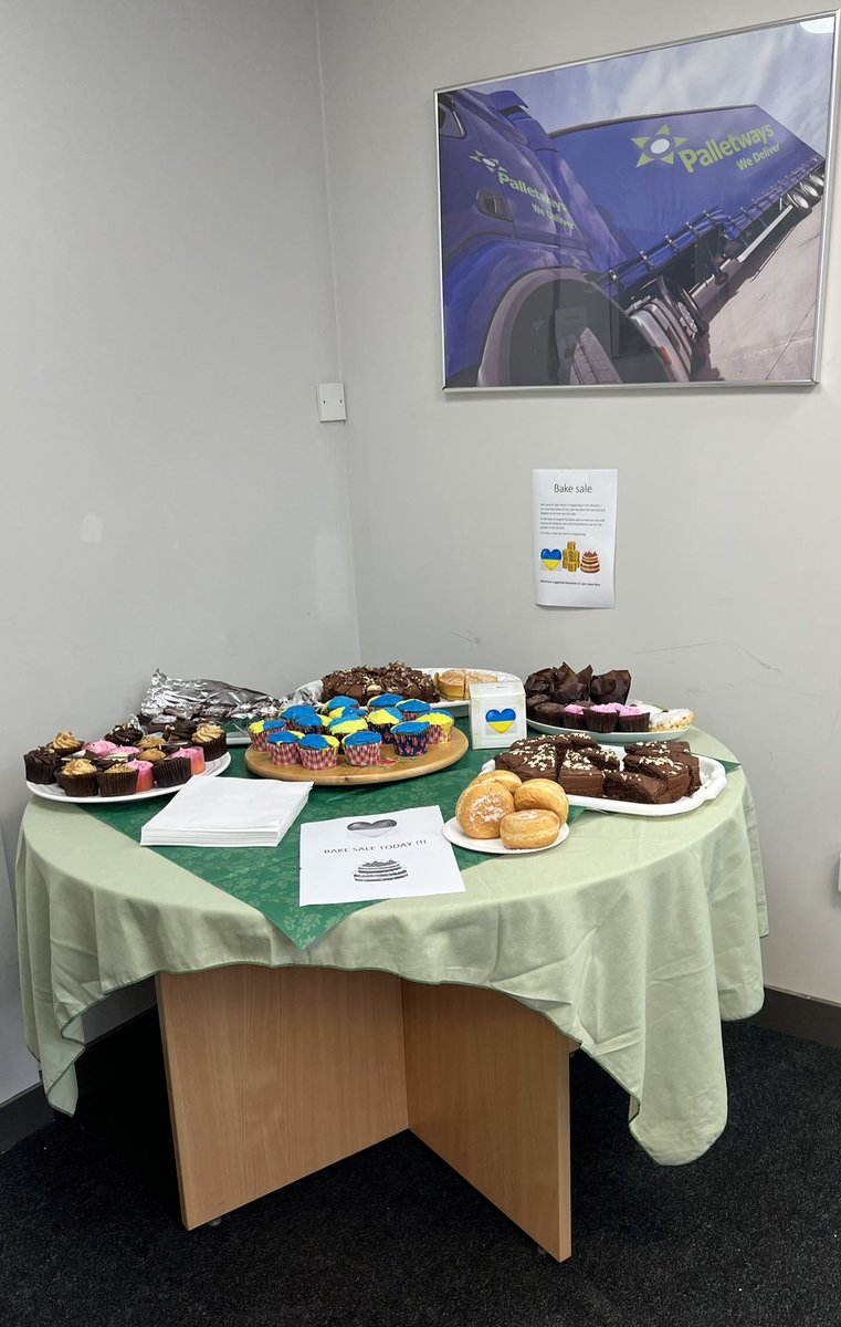 Palletways_D45's tweet photo. Bake sale today to raise money for #unitedhelpukraine Look at all these yummy cakes! #baking #cake https://t.co/SNskPOHkSi