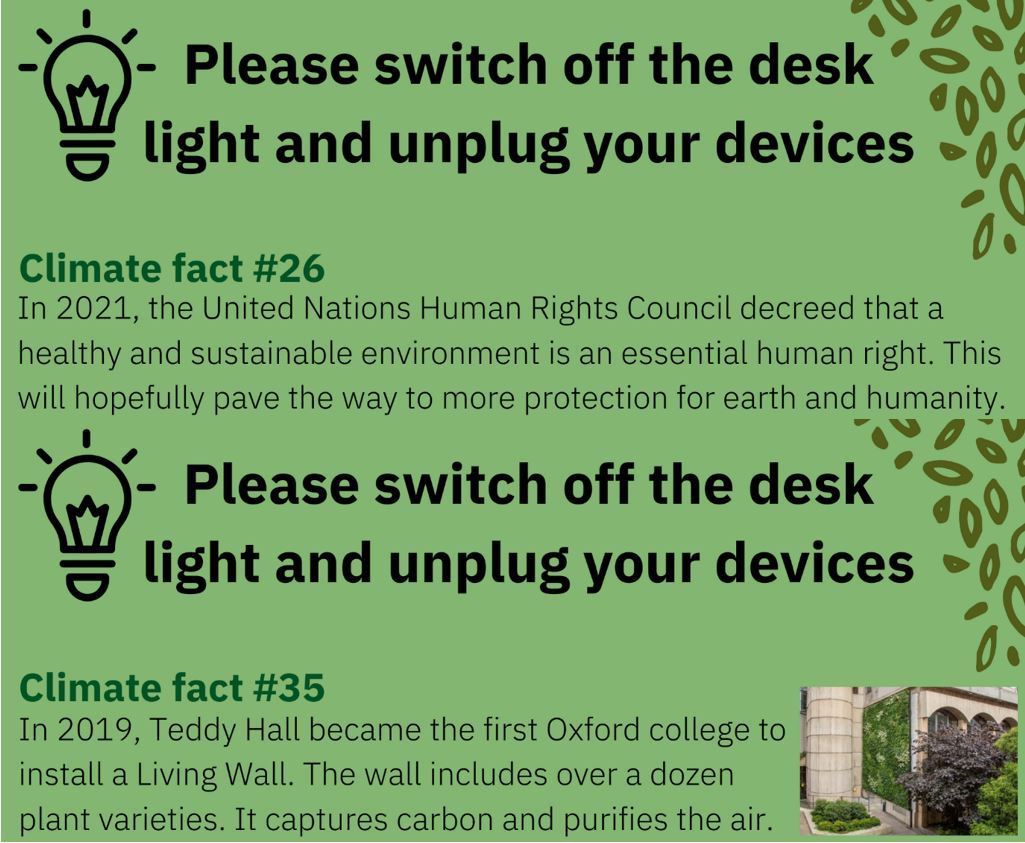 sehlibrary's tweet photo. When leaving your desk, don't forget to switch off the light and any devices! We have lots of climate facts to remind you why it's important, to impress your friends &amp; maybe even win a pub quiz with...
#EcoLibrary #GoingGreenTogether #StEdmundHall #TeddyHall #LibrariesOfOxford https://t.co/7iHGBqmYWn