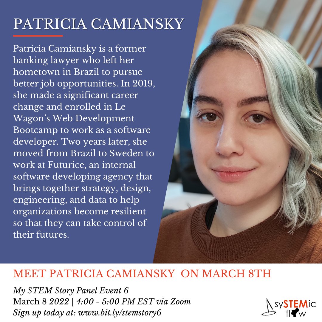 sysTEMic_flow's tweet photo. Meet one of our panelist Patricia Camiansky for our My STEM Story event on Tuesday, March 8 from 4:00 - 5:00 PM EST ✨ Join us for a continuation of our speaker series highlighting BIPOC women in STEM. You don't want to miss this🔖. 🚨Register  https://t.co/blc6Q8M19D https://t.co/CxvB9doKCF