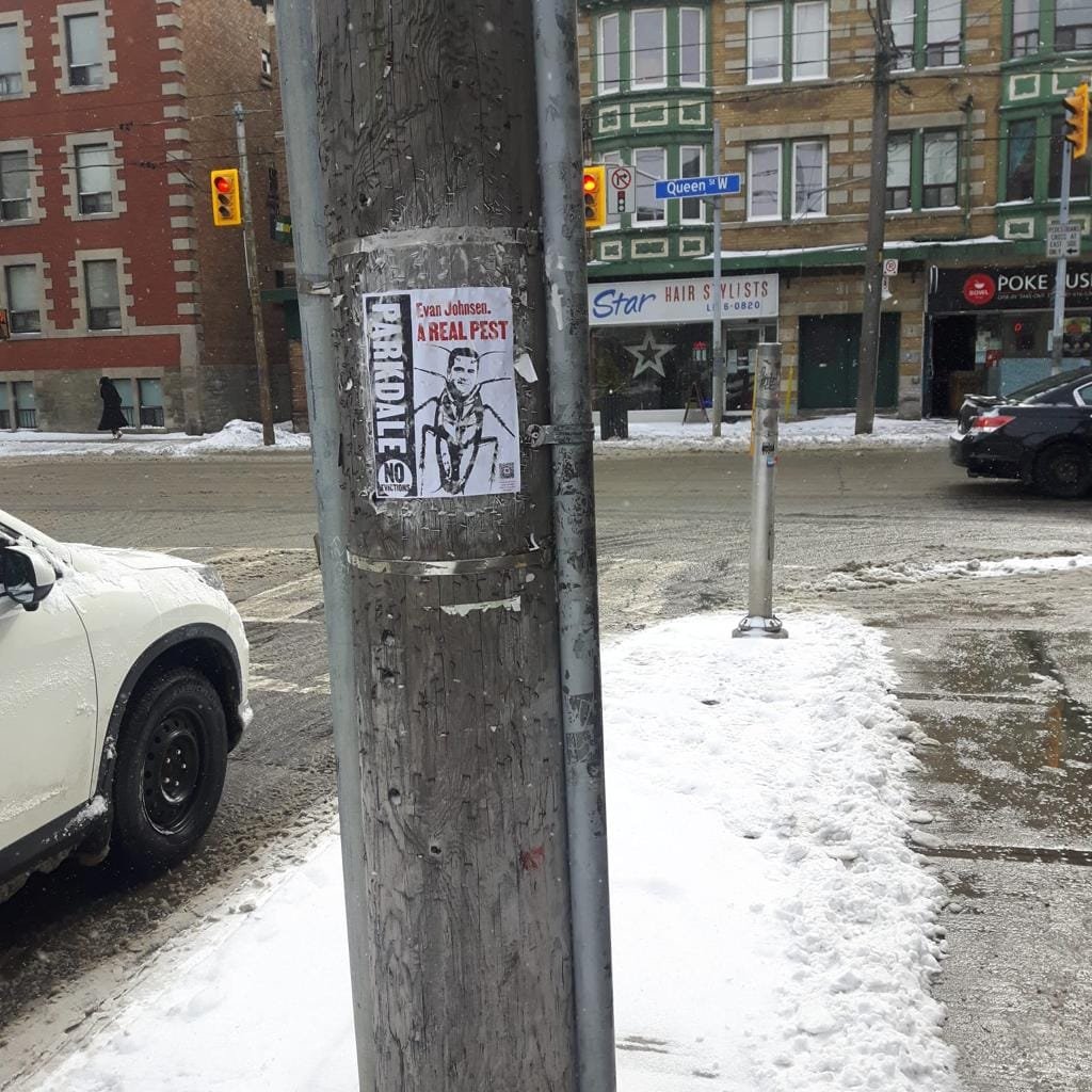 ParkdaleOrg's tweet photo. After an entire building - 12 Lansdowne - received N13 eviction notices, posters started going up around the neighbourhood, putting local 'renovictors' Evan Johnsen &amp; Neil Spiegel on notice.

Contact Evan &amp; Neil and demand they drop the evictions: https://t.co/HBeItpXLFU https://t.co/uNHFAfeBEX