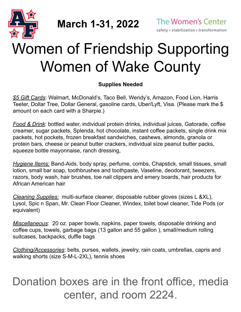 AFHSWISE's tweet image. March is Women's Month. WISE will be collecting donations of supplies for the Wake County Women's Center, March 1-31. See flyer for more details!