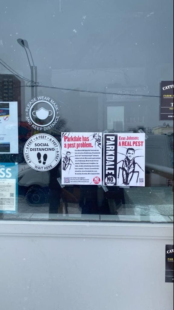 ParkdaleOrg's tweet photo. After an entire building - 12 Lansdowne - received N13 eviction notices, posters started going up around the neighbourhood, putting local 'renovictors' Evan Johnsen &amp; Neil Spiegel on notice.

Contact Evan &amp; Neil and demand they drop the evictions: https://t.co/HBeItpXLFU https://t.co/uNHFAfeBEX