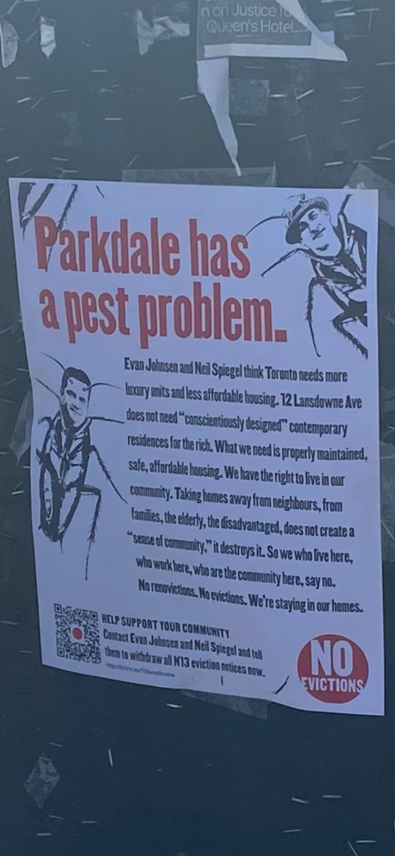ParkdaleOrg's tweet photo. After an entire building - 12 Lansdowne - received N13 eviction notices, posters started going up around the neighbourhood, putting local 'renovictors' Evan Johnsen &amp; Neil Spiegel on notice.

Contact Evan &amp; Neil and demand they drop the evictions: https://t.co/HBeItpXLFU https://t.co/uNHFAfeBEX