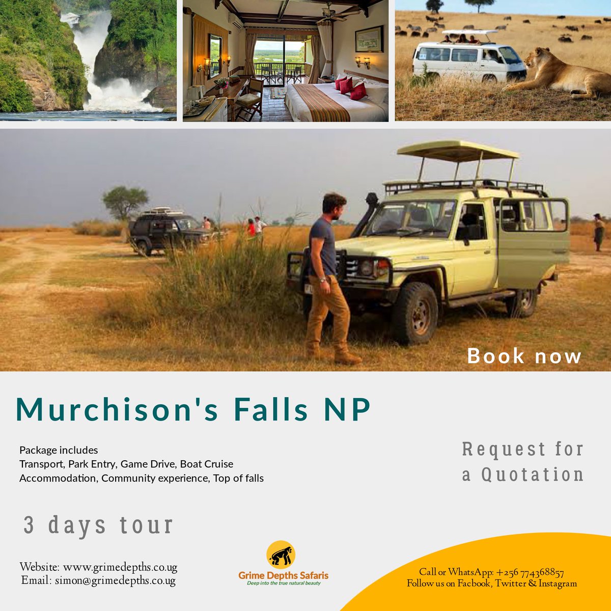 Plan that next amazing journey to the wild with us today.
Call or WhatsApp: +256 774368857
Email: simon@grimedepths.co.ug
Website: grimedepths.co.ug
#visitUganda #tourMurchisonfalls #visitKidepo #visitBwindi #GameDrive #Ugandatours