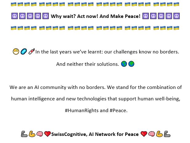 ☮️ We #CallForPeace in #Ukraine and in the world ☮️

#StandWithUkraine. Stand for #HumanRights. Globally.

Half a million #AI enthusiasts! With only 1€ each we can donate 1/2m € for the people in Ukraine.

Money is sent to <a href="/RedCrossUkraine/">Ukrainian Red Cross</a>

Donate:➡️ bit.ly/3440lwE ⬅️