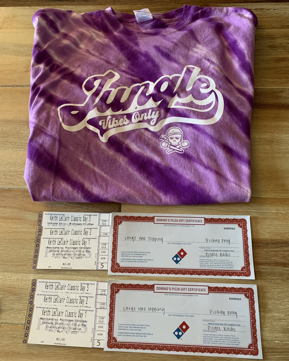 🚨GIVEAWAY ALERT🚨
RT &amp; FOLLOW for a chance to win:
- NEW Jungle Vibes Only T-Shirt
- Pair of tickets to The Keith LeClair Classic this weekend
- Pair of pizzas from Dominos 
#Stations4Winners 
#TheVoiceoffhePirateNation🏴‍☠️