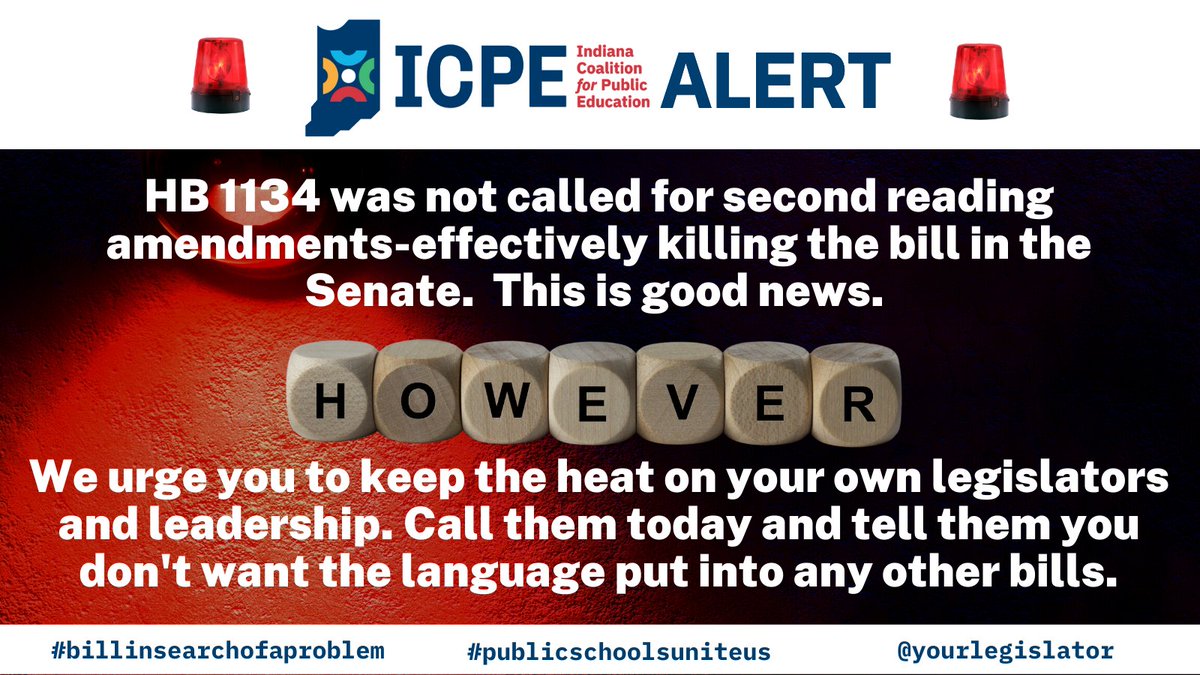 IC4PE's tweet image. ‼️ Do. Not. Rest.‼️ Tell #INLegis leadership &amp;amp; your own legislators that you don’t want the language from #HB1134 to show up in any other bills during conference committees. Make the calls. Send the emails. Keep the pressure on. It's not over 'til it's over. #publicschoolsuniteus