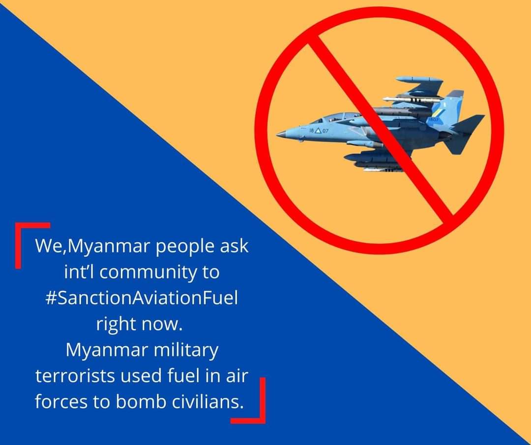 We demand British Companies to stop the sales of aviation to Myanmar Military.They use jet fuel to bomb in ethnic states.People had been killed by bombing. #2022Mar2Coup 
#SanctionAviationFuel 
#WhatsHappeningInMyanmar