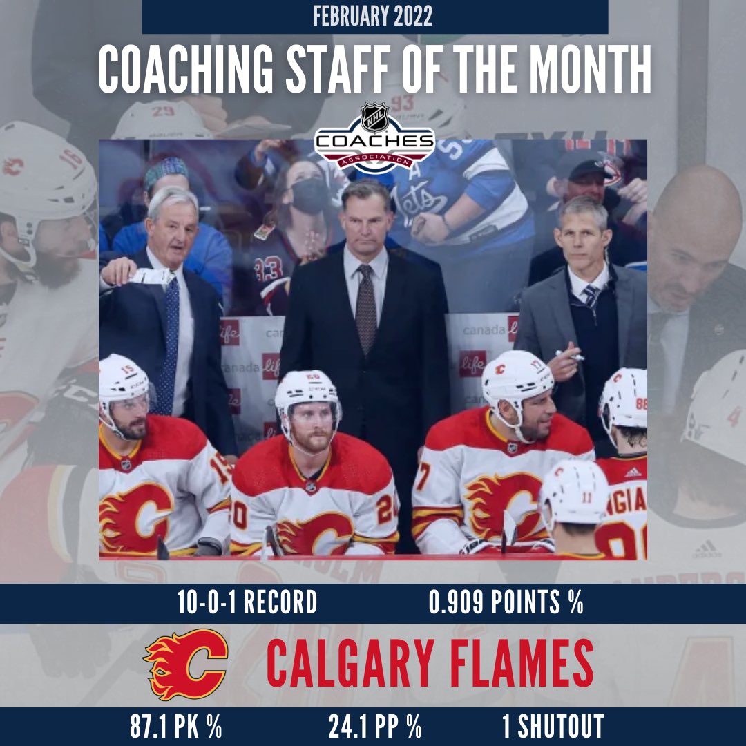Congrats to <a href="/NHLFlames/">Calgary Flames</a> Head Coach Darryl Sutter and his coaching staff for taking home February’s #NHLCA Coaching Staff of the Month. #Flames