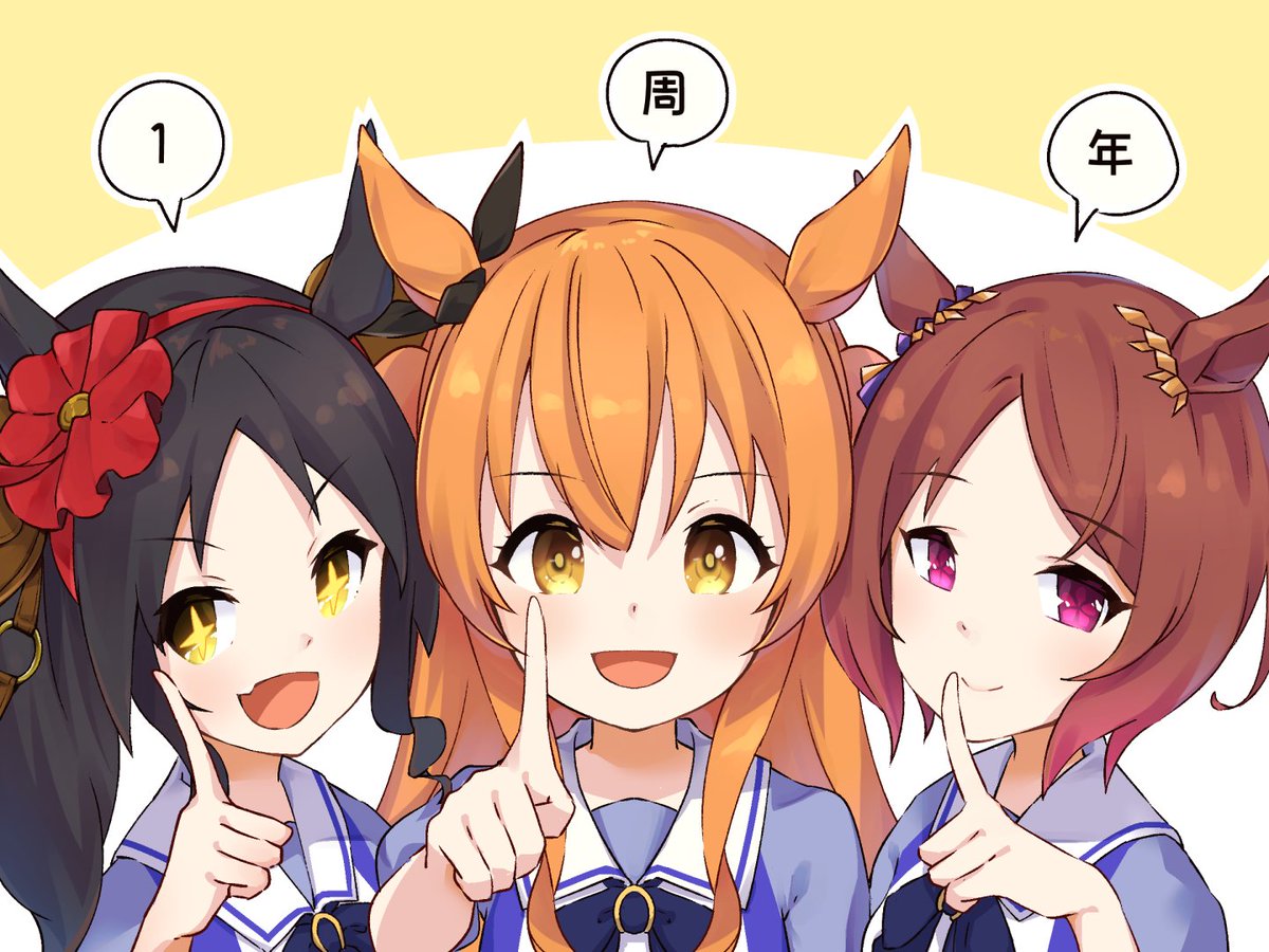 mayano top gun (umamusume) multiple girls 3girls animal ears horse ears school uniform orange hair tracen school uniform  illustration images