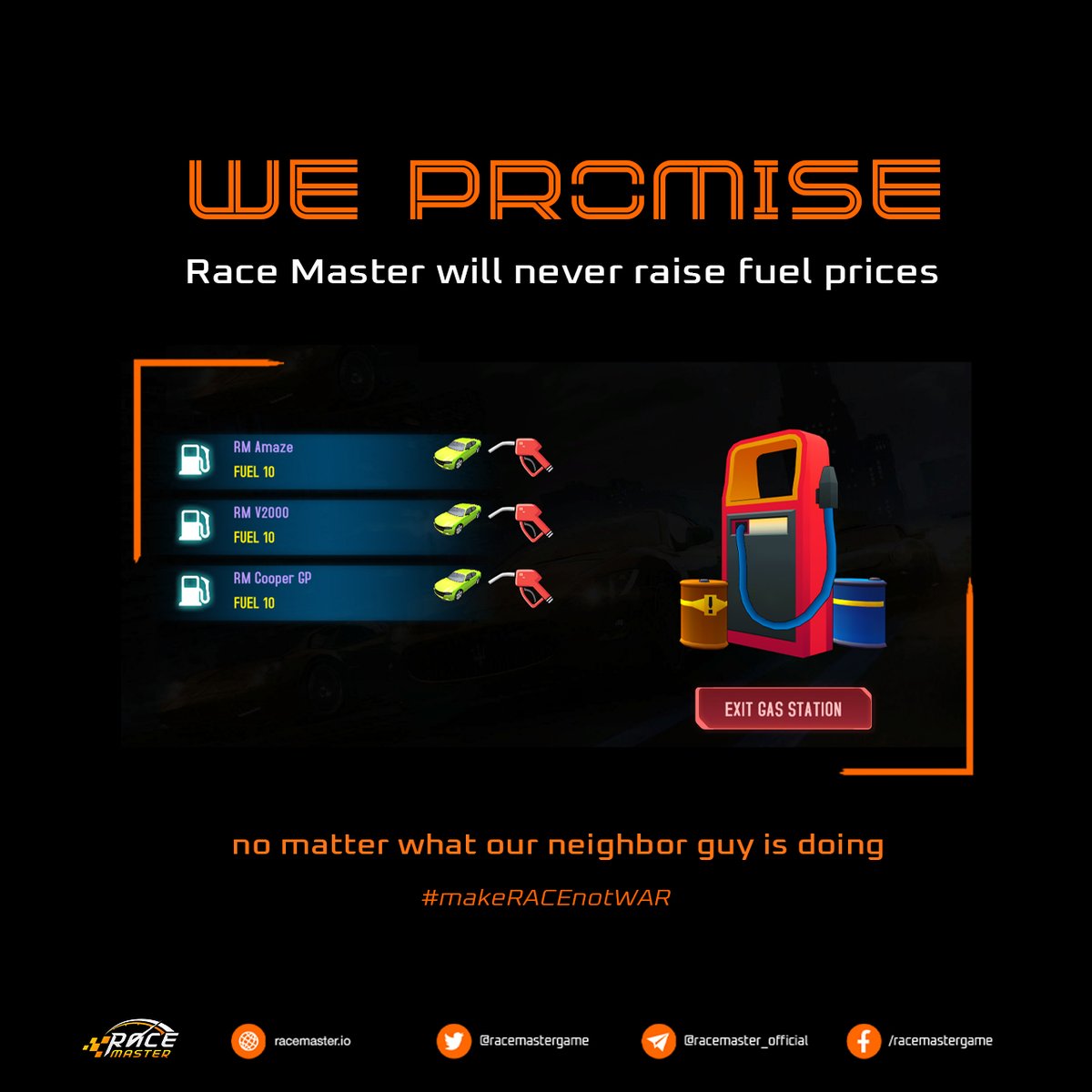 🏎️ In Meta Race vision, we may provide users with fuel stations and many services attached.

😉 You can rest assured that Race Master will not because of any "neighborhood conflicts" that increase fuel prices.

#RaceMaster #makeRacenotWar #oilandgas #NFT #Peace #NoWars