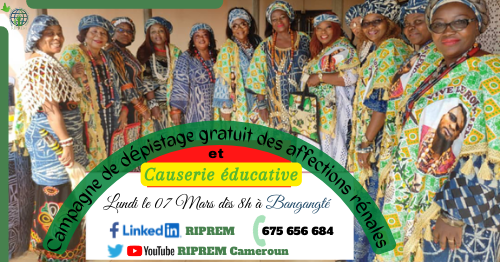 RipremC's tweet photo. Nous avons l'immense plaisir de vous informer que nous organiserons une campagne de dépistage gratuit des affections rénales et une causerie éducative ce 07 Mars à Bangangté plus précisément à ''la maison de la femme'' dès 08hoo".
#Sante #depistage #rein #gratuit #Bangangté https://t.co/GeIp1dnnVU