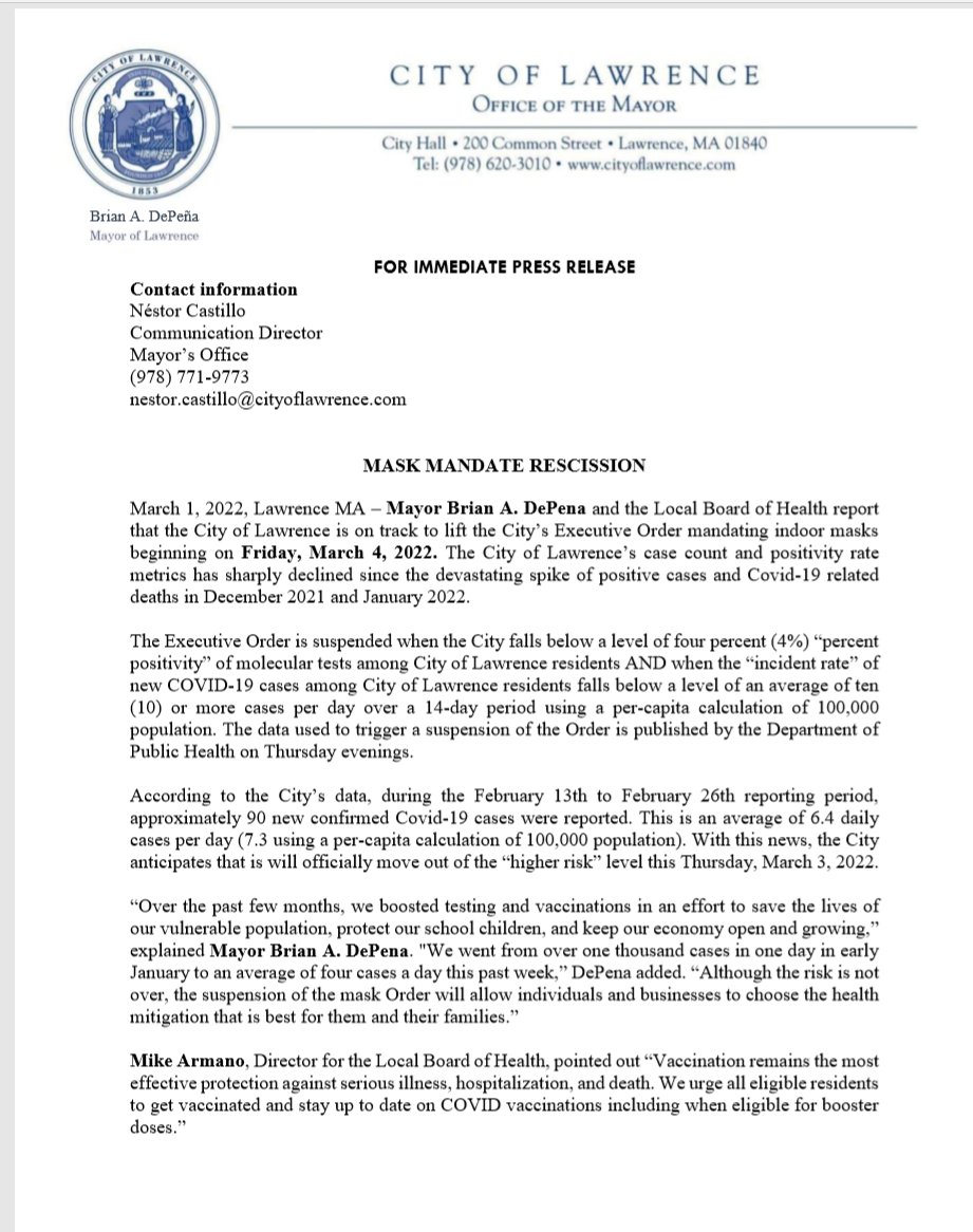 COL1853's tweet photo. MASK MANDATE RESCISSION 

March 1, 2022, Lawrence MA – Mayor Brian A. DePeña and the Local Board of Health report that the City of Lawrence is on track to lift the City’s Executive Order mandating indoor masks beginning on Friday, March 4, 2022. https://t.co/96suX9OmPc