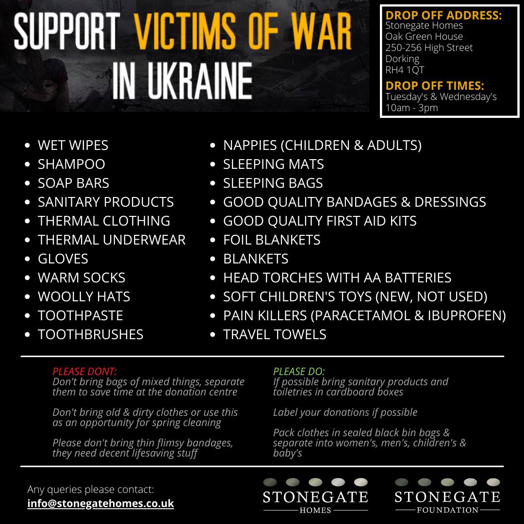 UKRAINE APPEAL 🇺🇦 

We are proud to be supporting club sponsor <a href="/Stonegate_Homes/">Stonegate Homes</a> with the urgent initiative below for Ukrainian refugees 🤝

Please give whatever you can to help this important cause - thank you. 

PLEASE NOTE THE INSTRUCTIONS BELOW &amp; DROP OFF DAYS/TIMES 👇