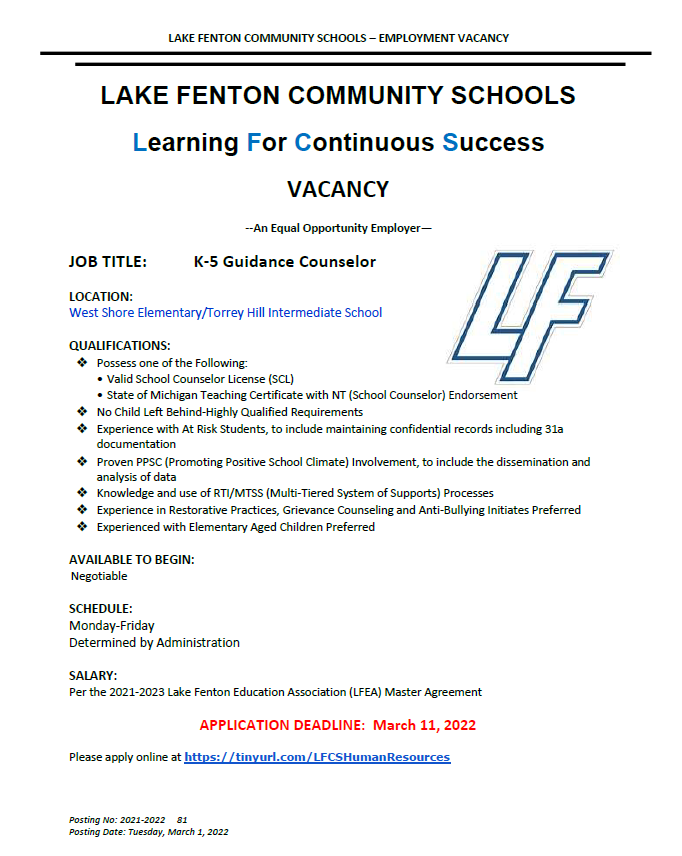 LakeFentonWSES's tweet photo. Join our team! Check out the posting below for more information. 
#LFLeads https://t.co/gY9UV97IKf