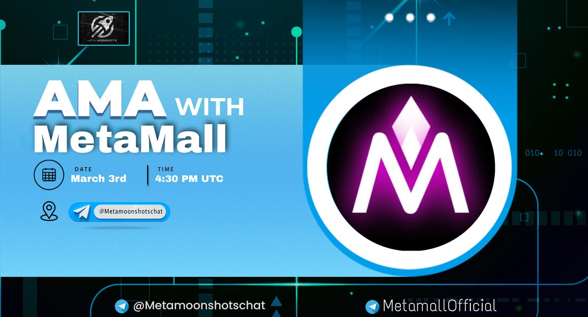 Join the #metamoonshots #AMA with <a href="/MetamallVR/">Metamall</a>!💎

⏰ Date: 4:30 PM on March 3 2022(UTC)
📍 AMA Venue: t.me/metamoonshotsc…
👋Guest : Serge Gianchandani, CEO
Sahan Ray, Head of Business Development.
💰 Total Rewards:50$ 
 #metamall #ama 
Join our #AMA and win Rewards. 🚀