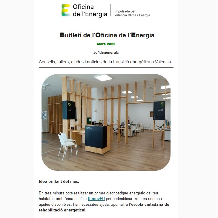 vlcsostenible's tweet photo. 📢¡Ya está aquí el Boletín de Marzo de la #oficinaenergia! Este mes volvemos con talleres presenciales😀, presentamos la escuela de rehabilitación energética🏠, y la aplicación #renovEU. Más las últimas noticias de la transición energética en València: https://t.co/766cSNze3t https://t.co/FL0v8pxO6c