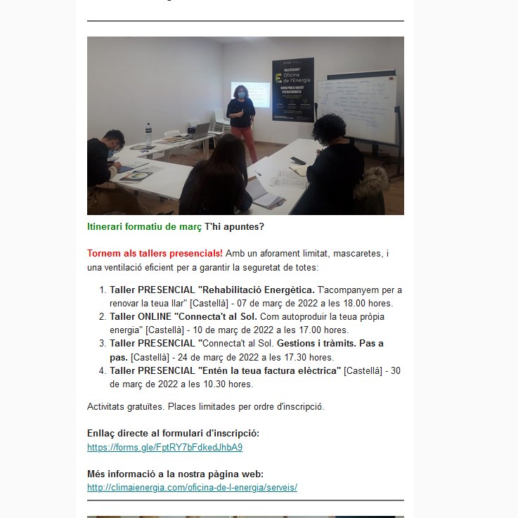 vlcsostenible's tweet photo. 📢¡Ya está aquí el Boletín de Marzo de la #oficinaenergia! Este mes volvemos con talleres presenciales😀, presentamos la escuela de rehabilitación energética🏠, y la aplicación #renovEU. Más las últimas noticias de la transición energética en València: https://t.co/766cSNze3t https://t.co/FL0v8pxO6c