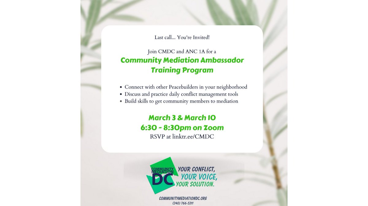 Join us tomorrow for our two-part Community Mediation Ambassador Training!

Sign up via the link in bio!