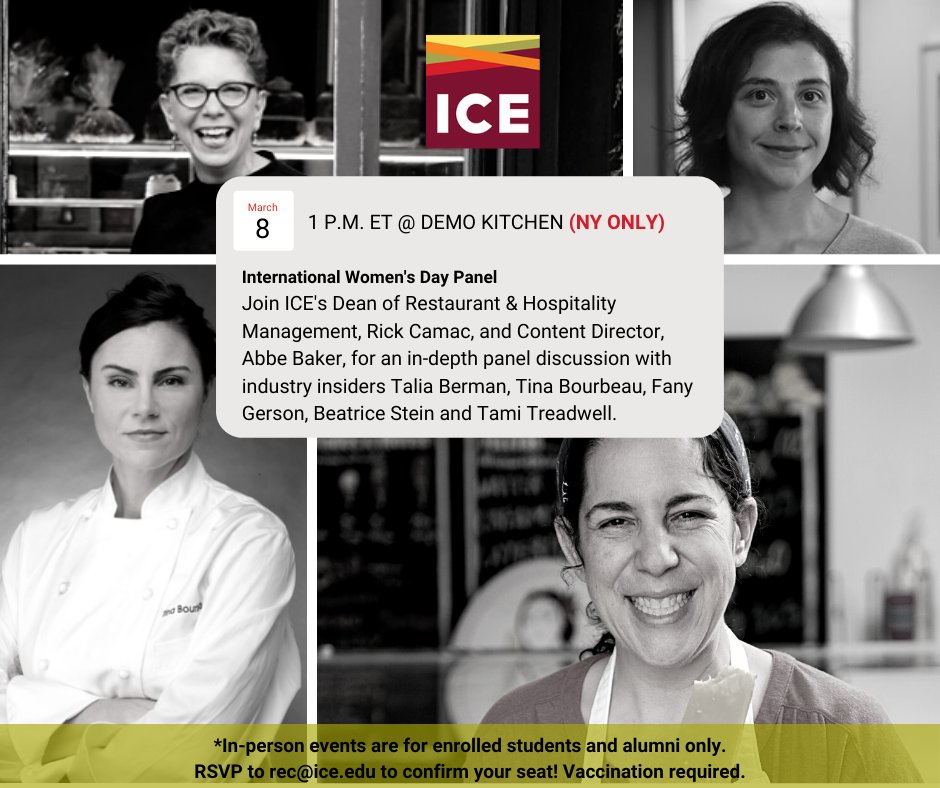iceculinary's tweet image. Join ICE for an in-depth panel discussion with industry insiders Talia Berman of @levainbakery, Tina Bourbeau, @fanygerson. Beatrice Stein and Tami Treadwell of @HarlemSeafoodSo 🌸 #ICEculinary 

ow.ly/5zaR50I4qN7 

#culinaryvoice #March8 #womensday