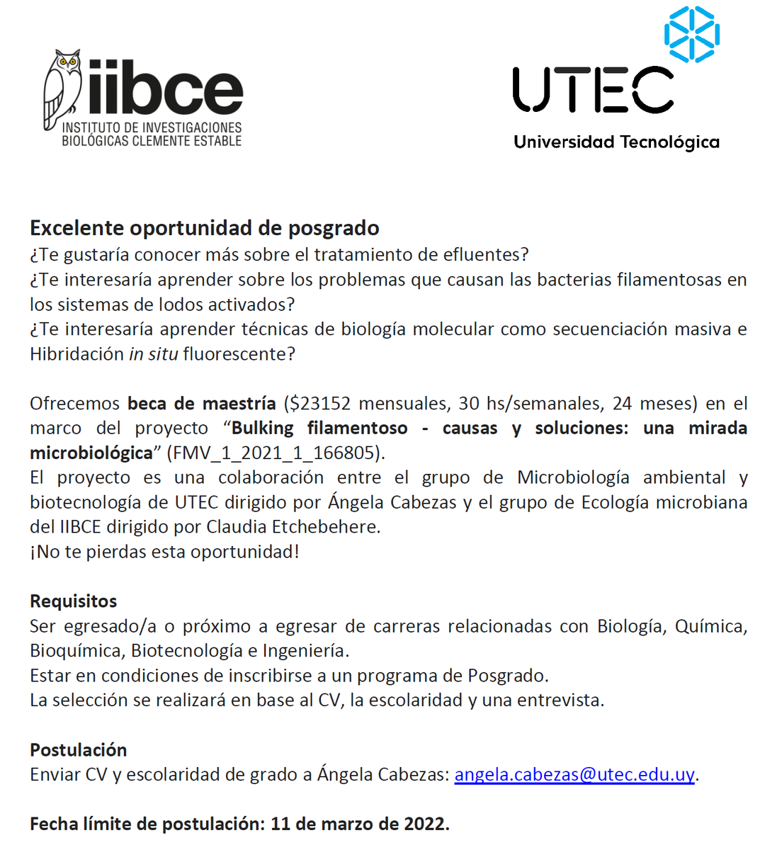 AngelaCabezas11's tweet photo. ¡Excelente oportunidad de posgrado con beca!
Postulate enviando mail a angela.cabezas@utec.edu.uy antes del 11 de marzo. https://t.co/OIN1OxaSMZ