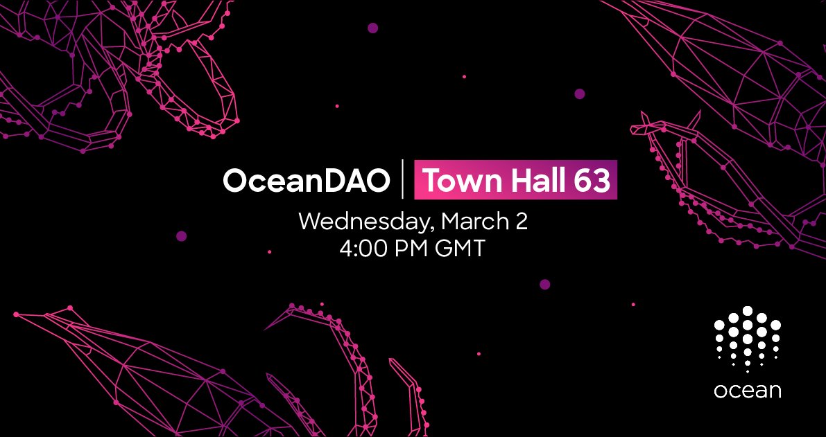 oceanprotocol's tweet photo. 🏛️ It's Wednesday today, so sync your calendars for @OceanDAO_ Town Hall #63, where we will discuss the recently closed Round 15. Make sure you tune in on the dedicated Discord events channel from 4PM GMT.

Details here: https://t.co/lKhG8gfbla https://t.co/yZSWqKAZfh