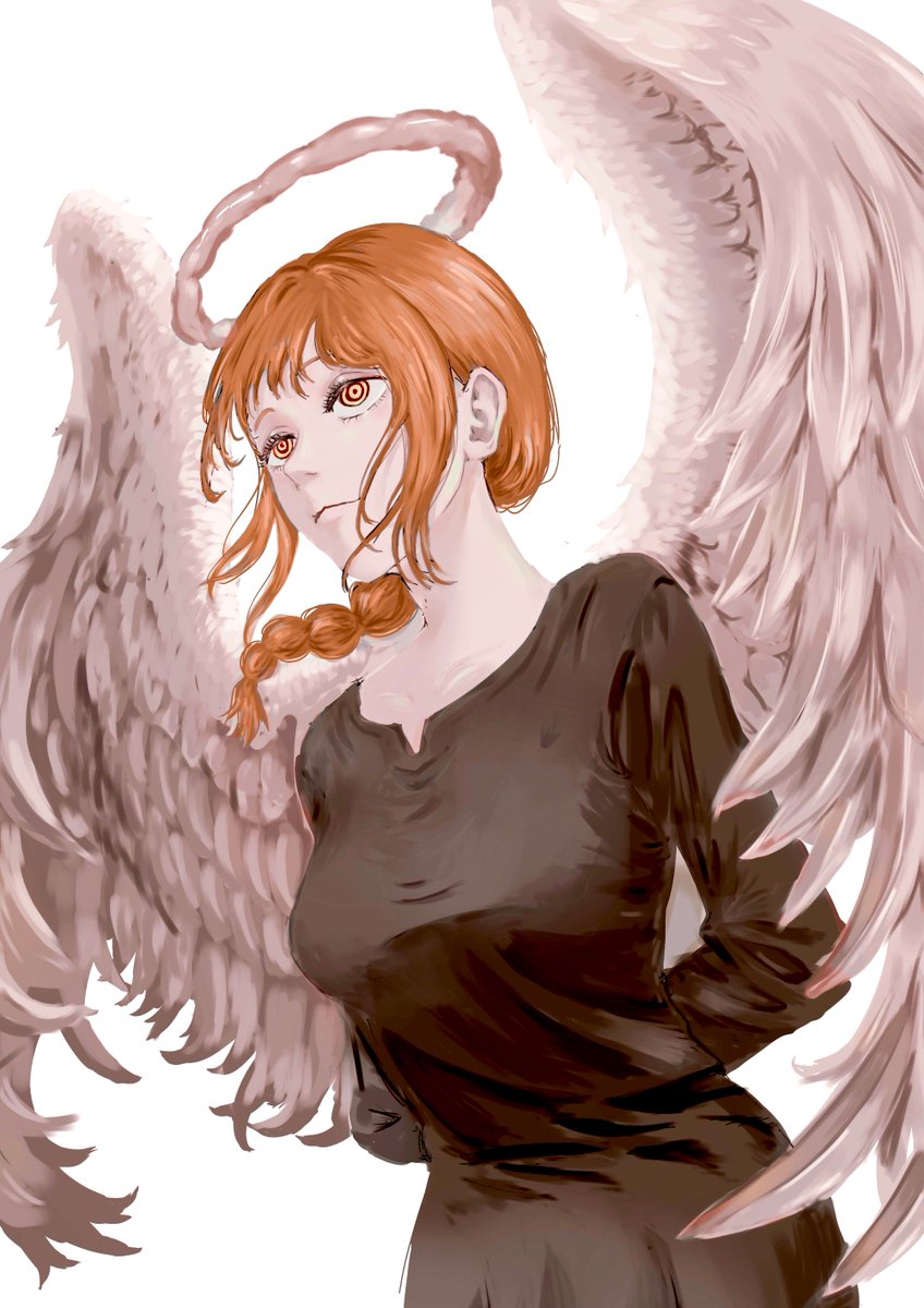 makima (chainsaw man) 1girl braid halo wings solo dress black dress  illustration images