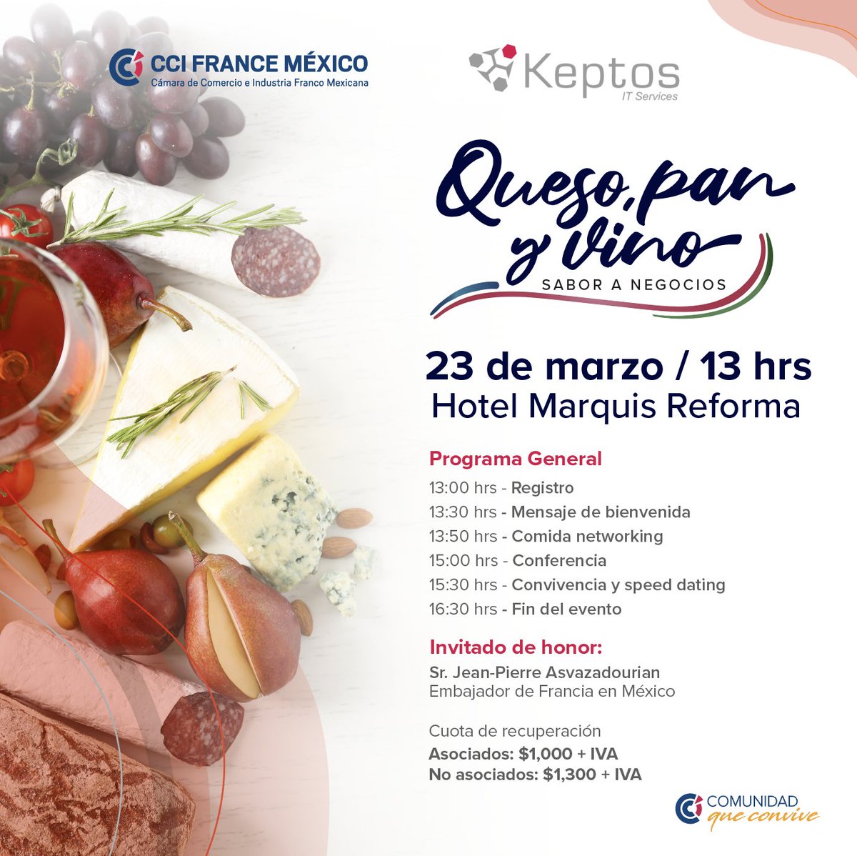 CCIFranMex's tweet photo. ¡Acompáñanos en nuestro primer #Queso, #Pan y #Vino del año!🧀🥖🍷

En compañía de @Keptos, daremos lugar a este evento en el #HotelMarquis, CDMX. Además contaremos con la grata presencia del Sr. Embajador de Francia en México, @AsvazadourianJP.

Registro: https://t.co/Nemm4RnQbp https://t.co/N34350LmWE