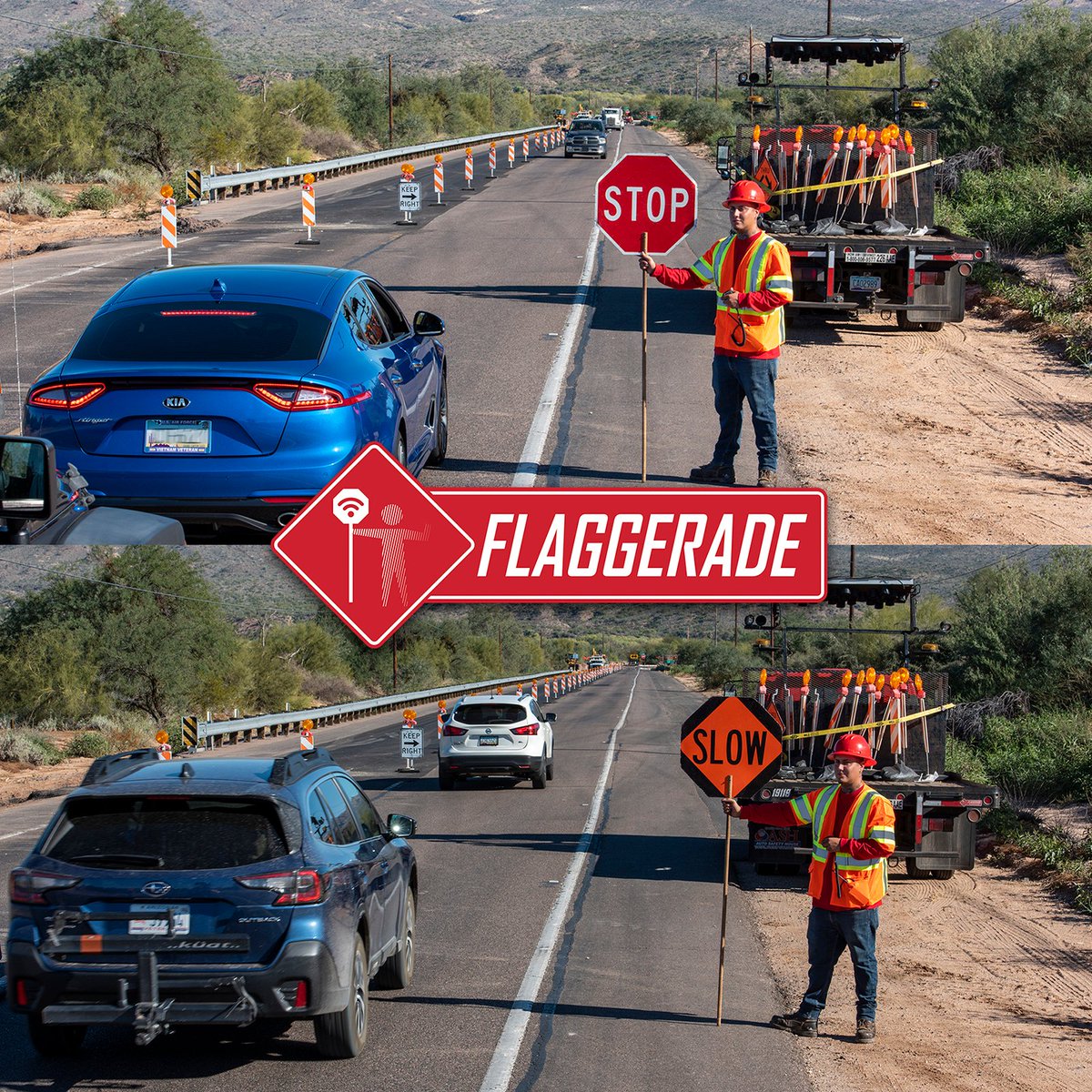 trafficade's tweet photo. Zachary Wells, a Flaggerade certified flagger, uses signs and hand signals to communicate with drivers approaching work zones. Coordination of traffic flow is the job, but work zone safety is our highest priority.
#flagger #flaggersafety #trafficcontroller #workzonesafety https://t.co/jGr5yJqE2m