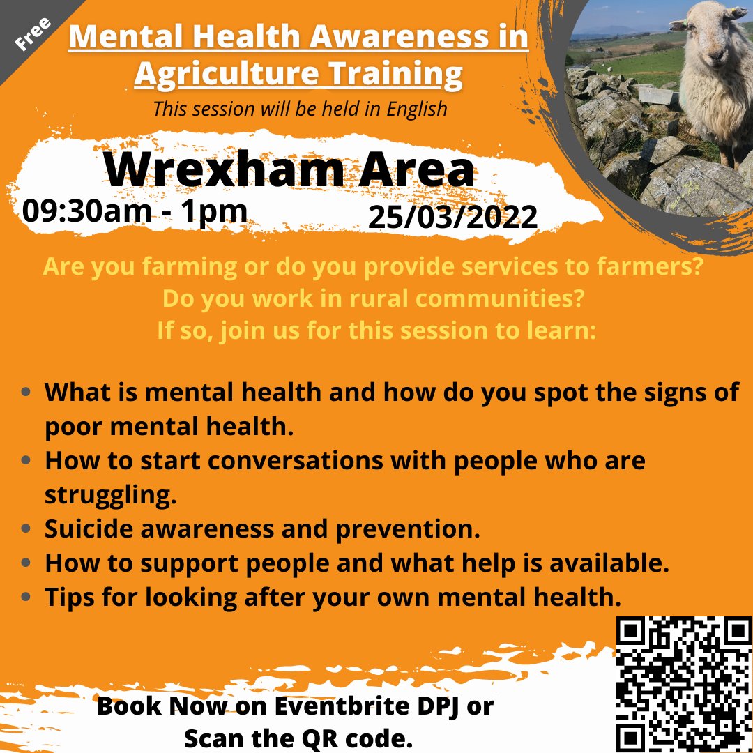dpjfoundation's tweet photo. Are you in agriculture or working directly with farmers in the Wrexham area?

Would you like to understand poor mental health, how to spot the signs and get help for those affected?

25th of March at 9:30am - 1pm. 
(Venue to be confirmed)

https://t.co/HrFrkXlCQQ

#ShareTheLoad https://t.co/FwWIwXloHn