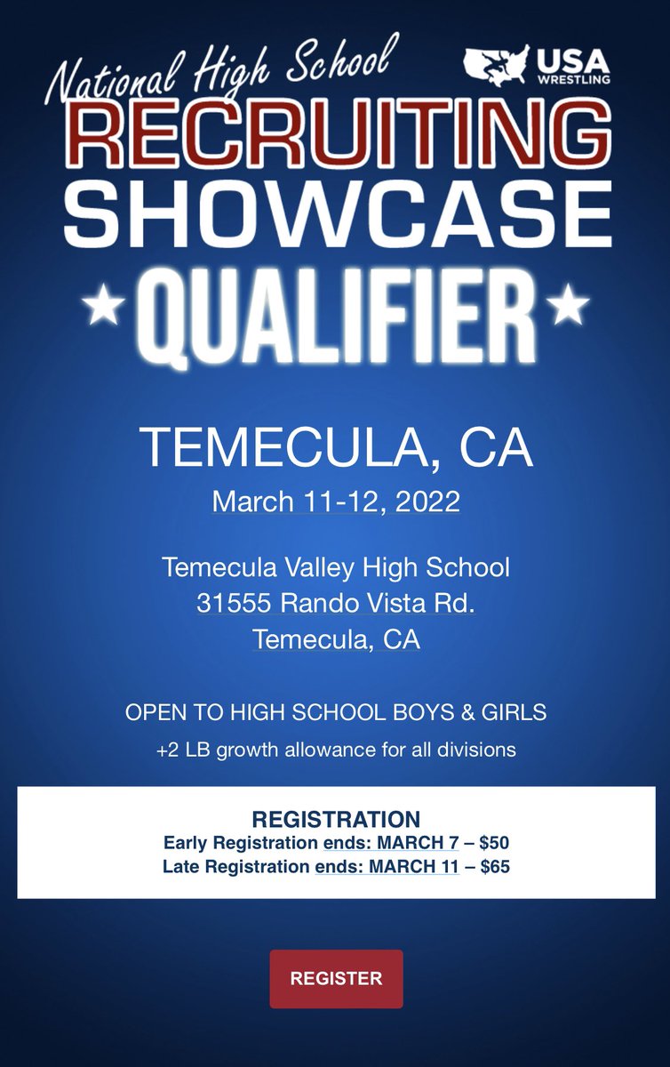 CAUSAWrestling (@calusawrestling) on Twitter photo 🇺🇸: <a href="/USAWrestling/">USA Wrestling</a> National High School Recruiting Showcase - California Qualifier
📍: Location: <a href="/TVHSWrestling/">TVHSWrestling</a>
Temecula Valley High School
31555 Rancho Vista Rd,
Temecula, CA 92592
🗓: 03/11/2022 - 03/12/2022
🔗: usawrestlingevents.com/event/22001405… 🇺🇸: <a href="/USAWrestling/">USA Wrestling</a> National High School Recruiting Showcase - California Qualifier
📍: Location: <a href="/TVHSWrestling/">TVHSWrestling</a>
Temecula Valley High School
31555 Rancho Vista Rd,
Temecula, CA 92592
🗓: 03/11/2022 - 03/12/2022
🔗: usawrestlingevents.com/event/22001405…
