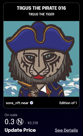 New drop! TIIGUS THE TIGER COLLECTION 🐯
13/250 Common
3/50 Special 🌟
TIIGUS THE PIRATE 016 1/1 - 0.3 NEAR
paras.id/collection/tii…

#Paras #ParasNFT #NFT #NEAR #nearNFTs #NFTcollectors #NFTCollection