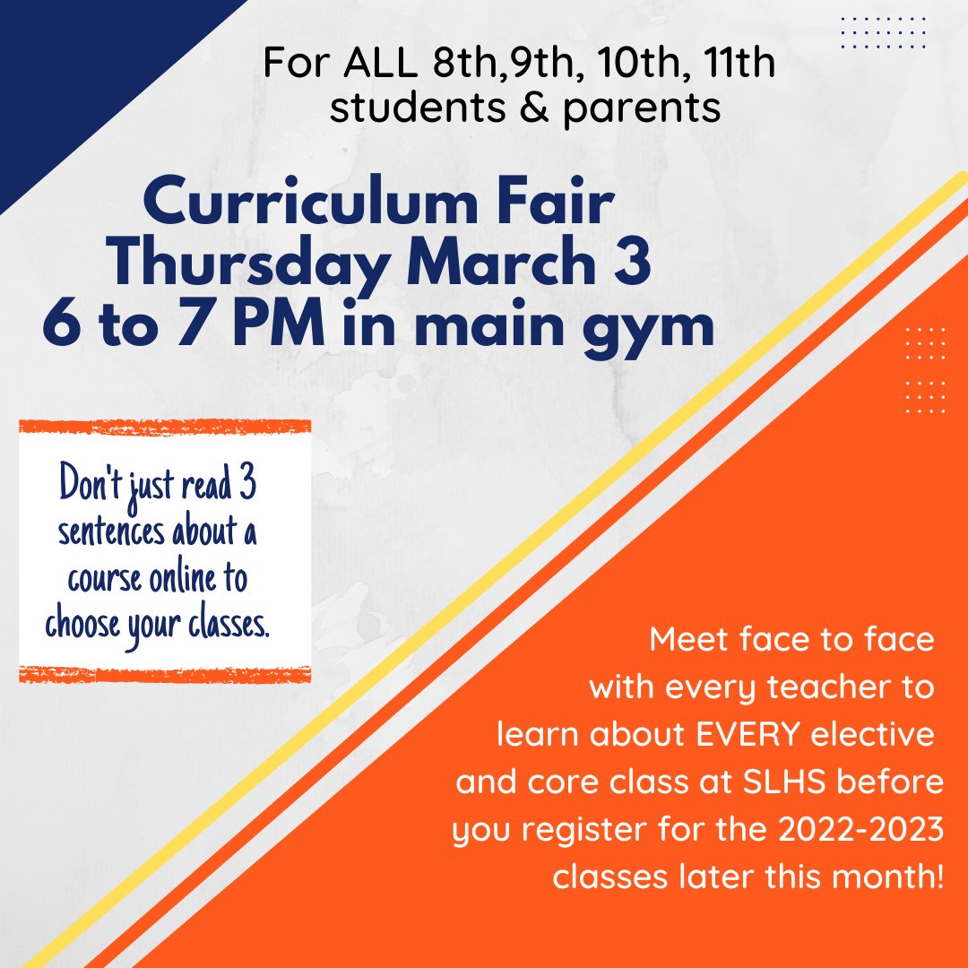 SoLeeHS's tweet photo. It's hard to just read a few lines in the registration guide and choose 4 electives and 6 alternates.  So we host a Curriculum Fair.

Meet all the teachers and learn about every elective and core class. We have several new courses, a few name changes and lots of updates! https://t.co/9tZZT40rnR