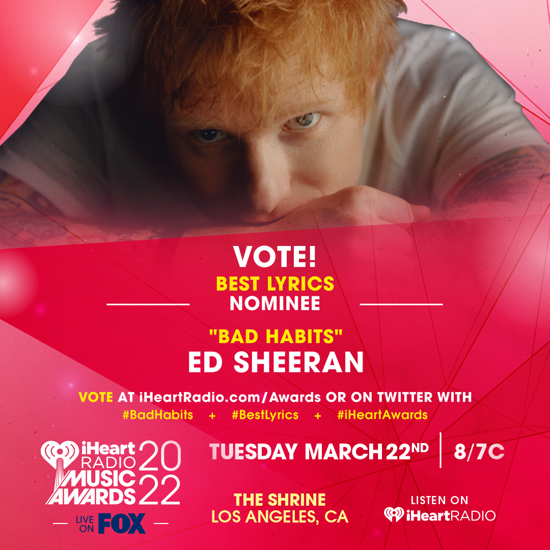edsheeran's tweet photo. Make sure you keep tweeting #BadHabits #BestLyrics #BestMusicVideo and #iHeartAwards to get your votes in for Ed! 🧡
@iHeartRadio https://t.co/rmkk8Y8Tyi