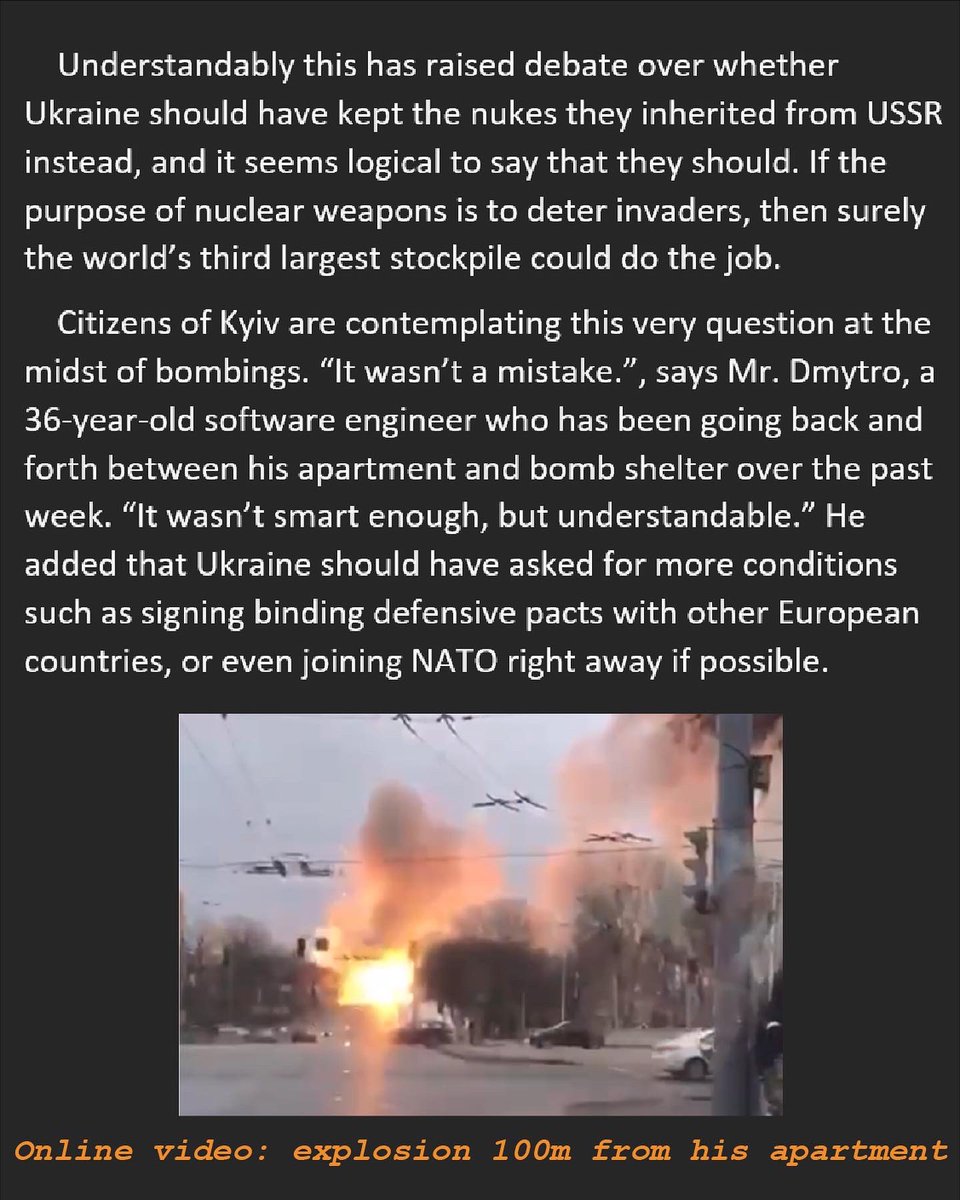PeeposDaily's tweet photo. 「SPECIAL: As Kyiv rumbles under Russian missiles, its citizens favour trustworthy allies over nuclear weapons」PART ONE

『After a long pause, he continues, “Ukraine is just too precious and valuable that no nuclear weapon could protect it.”』

to be continued https://t.co/cYR0HtJmEv