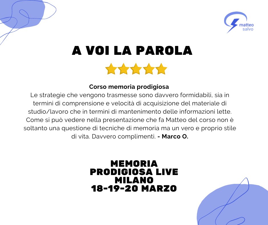 #2marzo Ancora pochi giorni per iscriversi a Memoria Prodigiosa live, il corso per imparare a sfruttare al massimo la tua mente con strategie di apprendimento rapido, tecniche di memoria efficaci, lettura veloce e mappe mentali. Mettiti in gioco anche tu: matteosalvo.com/memoria-prodig…
