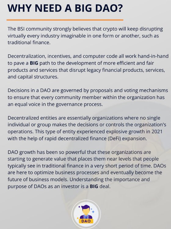BigShibaInu's tweet photo. SO YOU KNOW WHAT A DAO IS? 

❓ - BUT WHY? WHY DO WE NEED A DAO? 

💬 - A DAO GIVES EVERYONE A VOICE...

🙌 - EVERYONE!!!!!!!! 

💡- GOT IDEAS/OPINIONS/TALENT

👂- $BIGSHIBAINU WANTS TO HEAR YOU! 

FULL WP: https://t.co/FCsJLyv71d

JOIN TG: https://t.co/NgWccJba2O https://t.co/dI8J64YDb1