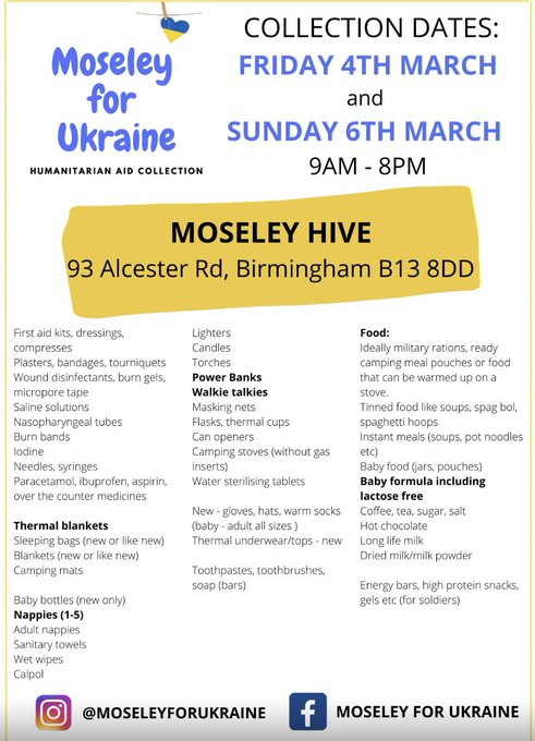 CSmithArkTindal's tweet photo. We will be having a non uniform day on Friday, and in return we are asking pupils and staff to bring in a donation for #moseleyforukraine Please see the list below for items which are desperately needed. Thank you! #TeamTindal @arktindal @MoseleyHive https://t.co/ePGAdF1e6q