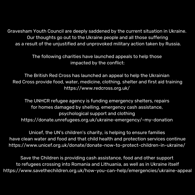 GraveshamYC's tweet photo. Gravesham Youth Council are deeply saddened by the current situation in Ukraine. Our thoughts go out to the Ukraine people and all those suffering as a result of the unjustified and unprovoked military action taken by Russia.

The following charities have launched appeals (c) https://t.co/H1I8Tjvm2H