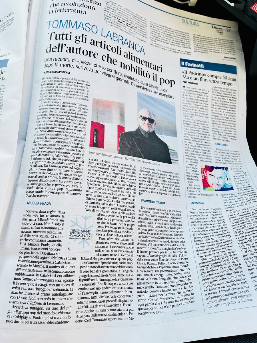 20090editore's tweet photo. Su Libero di oggi Francesco Specchia ha scritto un bellissimo pezzo 💛 su #tommasolabranca e Neve in agosto Vol.2 ☀️❄️❄️ #ventizeronovanta #microcasaeditrice #editoria #giornalismo #articoli #articolialimentari https://t.co/GVYI90cphI https://t.co/5uGTTMQfix