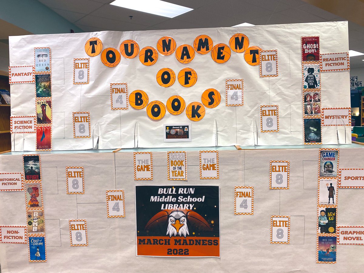 BRMSreads's tweet photo. #ReadAcrossAmerica We are celebrating with a #MarchMadness Tournament of Books! This week 6th graders are learning about the top 16 books with plickers &amp; a game of trashketball 🗑🏀 each week we will narrow the bracket until we find our book of the year! @BullRunMS #PWCSlibraries https://t.co/4UxdYRWn0Q