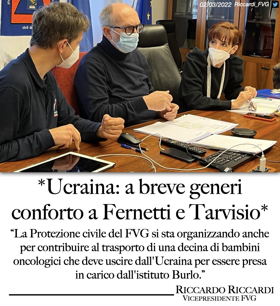 Riccardi_FVG's tweet photo. ❌❌❌#UCRAINA. A BREVE GENERI CONFORTO A #FERNETTI E #TARVISIO❌❌❌
La @regioneFVGit è pronta a fare la sua parte anche sul fronte dei posti letto: in base alle richieste emerse, abbiamo comunicato le nostre disponibilità per oncologia con il @CroAviano e pediatria (1/2) https://t.co/EeyovHEBo8