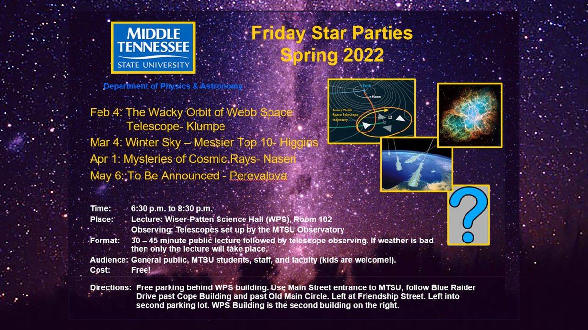Mtsu Spring 2022 Schedule Mtsu News On Twitter: "#Mtsu's Free #Fridaystarparties Continue This  Friday, 3/4! Join @Mtsuphysics & #Astronomy's Dr. Chuck Higgins To Get A  Great View Of The Late Winter Sky & Learn About The #