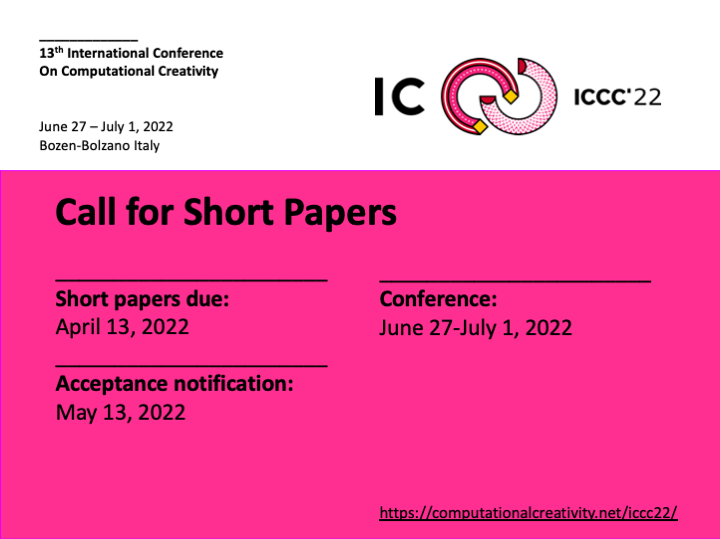 Call for Short Papers!
computationalcreativity.net/iccc22/short-p…
#iccc22 #computationalcreativity #computerscience #computers #creativitymatters #creativecoding #creativity