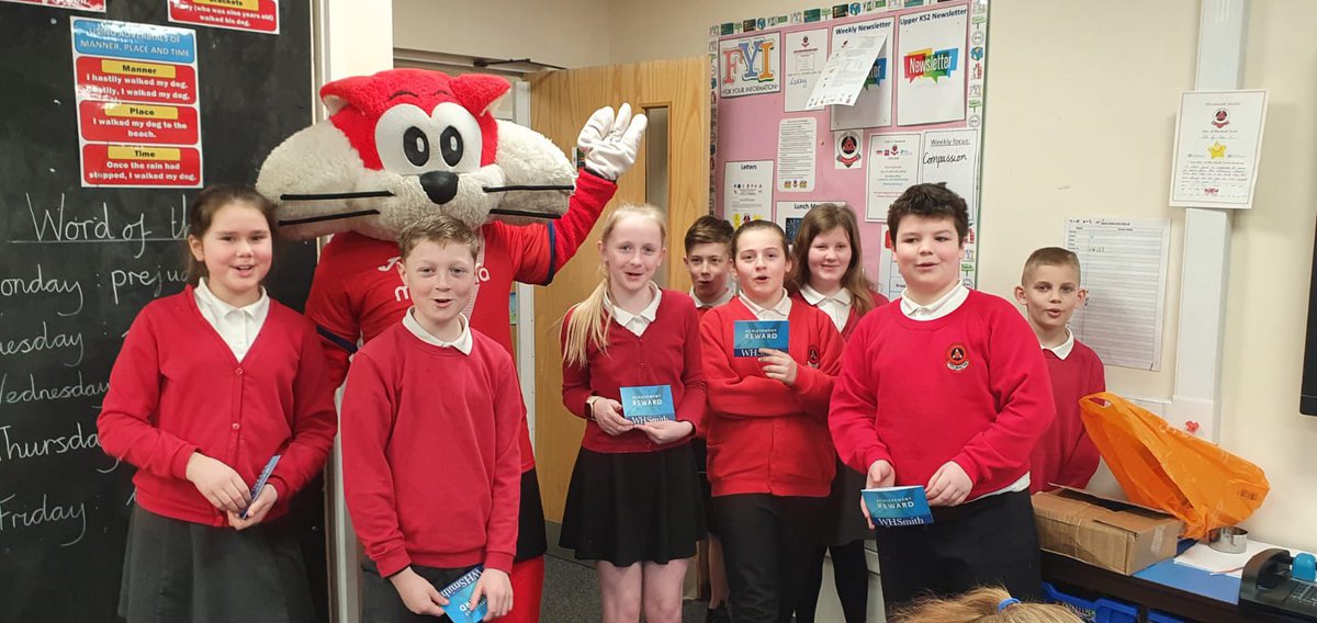 morecambefccf's tweet photo. For our second school of #WorldBookWeek Christie the Cat, along with Jeremy Austin, visited @TrumacarPrimary 
 
16 children from Y5/6 &amp; Year 6 #PLReadingStars group received a WHSmith book voucher &amp; book, with the remainder of the 2 classes going home with a free reading book 📚 https://t.co/J259xPWciI