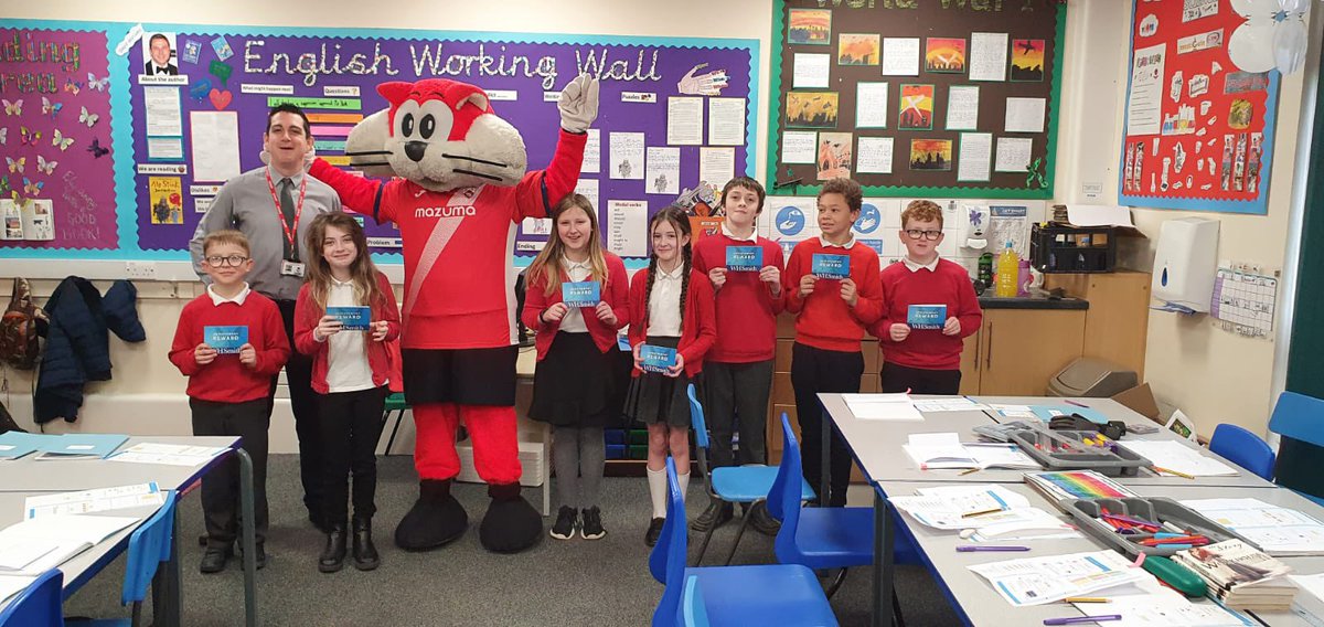 morecambefccf's tweet photo. For our second school of #WorldBookWeek Christie the Cat, along with Jeremy Austin, visited @TrumacarPrimary 
 
16 children from Y5/6 &amp; Year 6 #PLReadingStars group received a WHSmith book voucher &amp; book, with the remainder of the 2 classes going home with a free reading book 📚 https://t.co/J259xPWciI